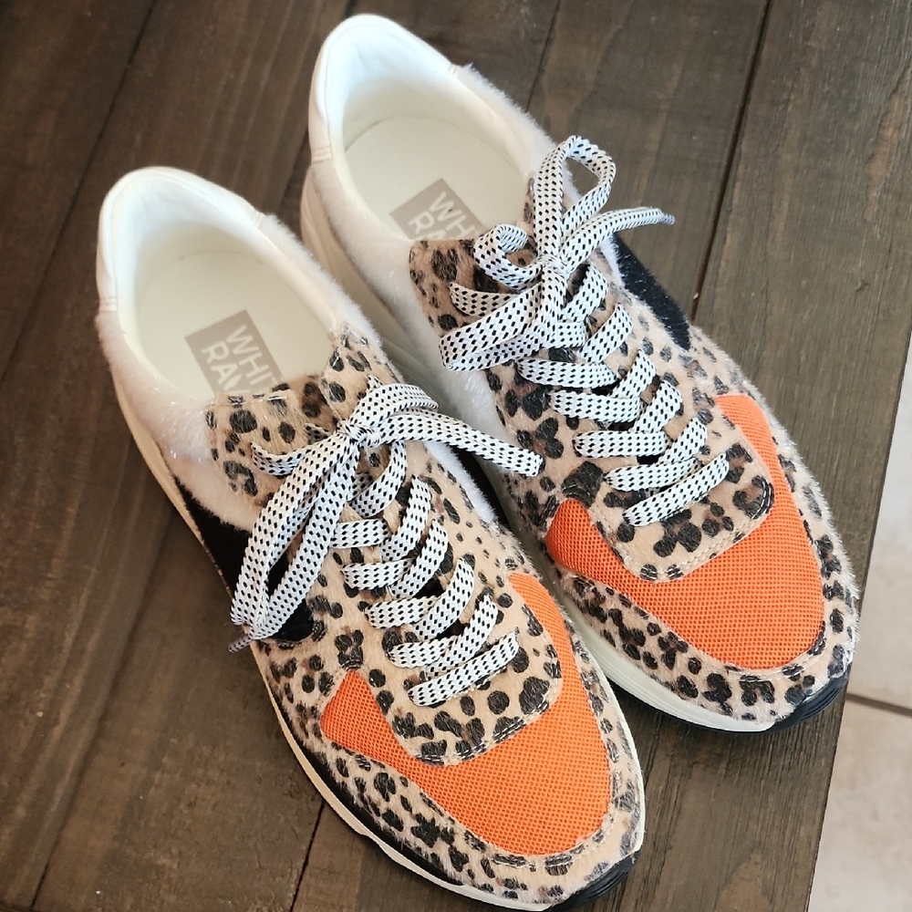 White Raven Loyal Leopard Print and Orange Platform Sneakers